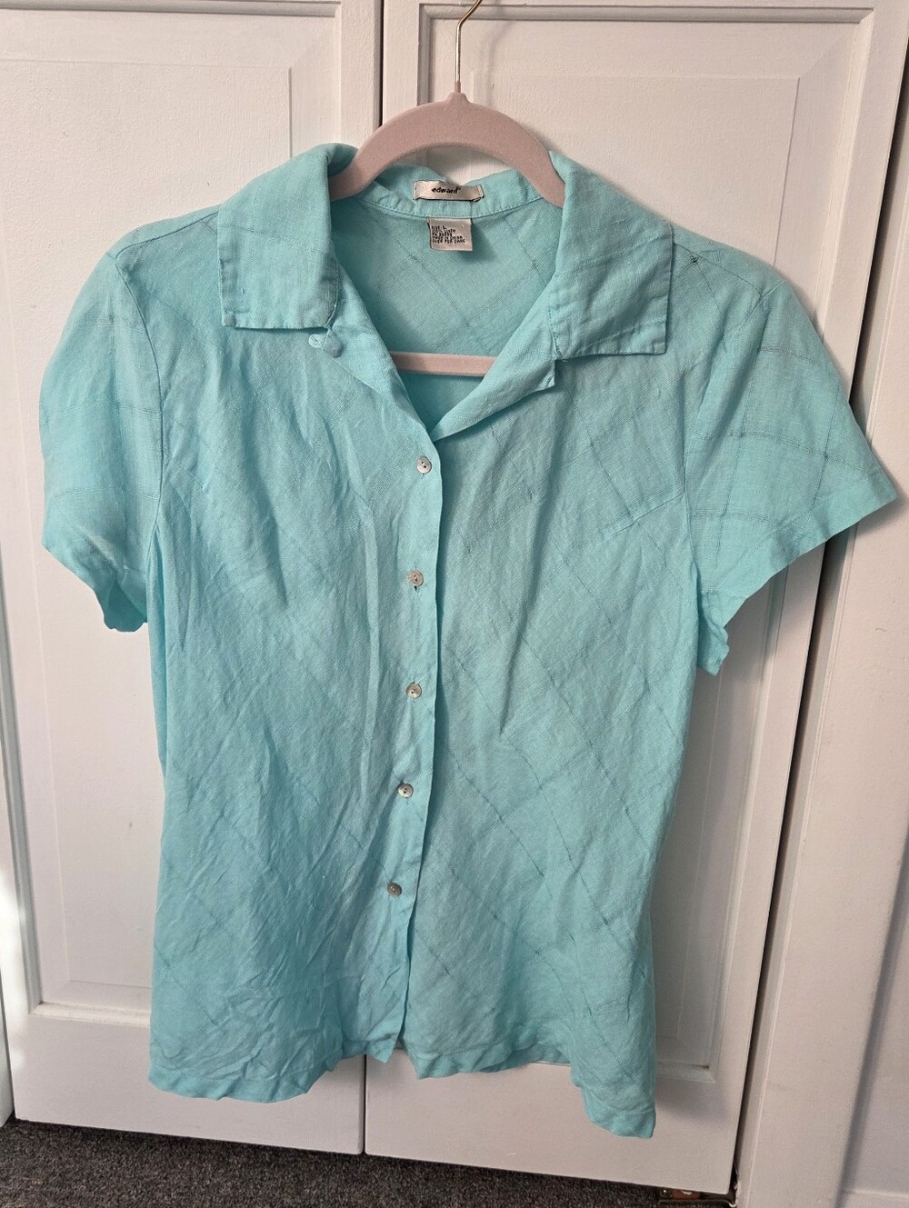 100% Linen Short Sleeve Button Up Shirt By Edward - Aqua Teal Grid Pattern L